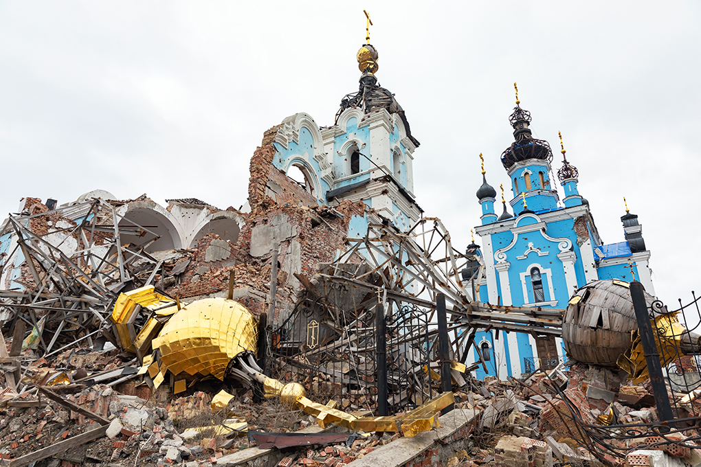 Scars of war. The tragic aftermath of violence and aggression, as a church stands in ruins from the horrors of war in Bogorodichne Donetsk reg., a victim of Russian military action against Ukraine.